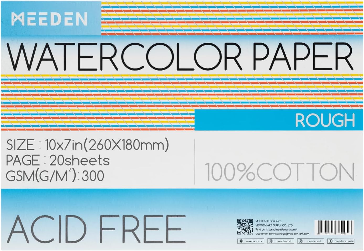 MEEDEN Watercolor Paper Block, 100% Cotton Watercolor Paper Pad of 20 Sheets, 140lb/300gsm, Acid-Free Art Paper for Watercolor, Gouache, Ink and More, 10" x 7" Rough Grain