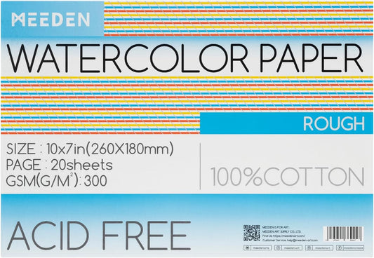 MEEDEN Watercolor Paper Block, 100% Cotton Watercolor Paper Pad of 20 Sheets, 140lb/300gsm, Acid-Free Art Paper for Watercolor, Gouache, Ink and More, 10" x 7" Rough Grain