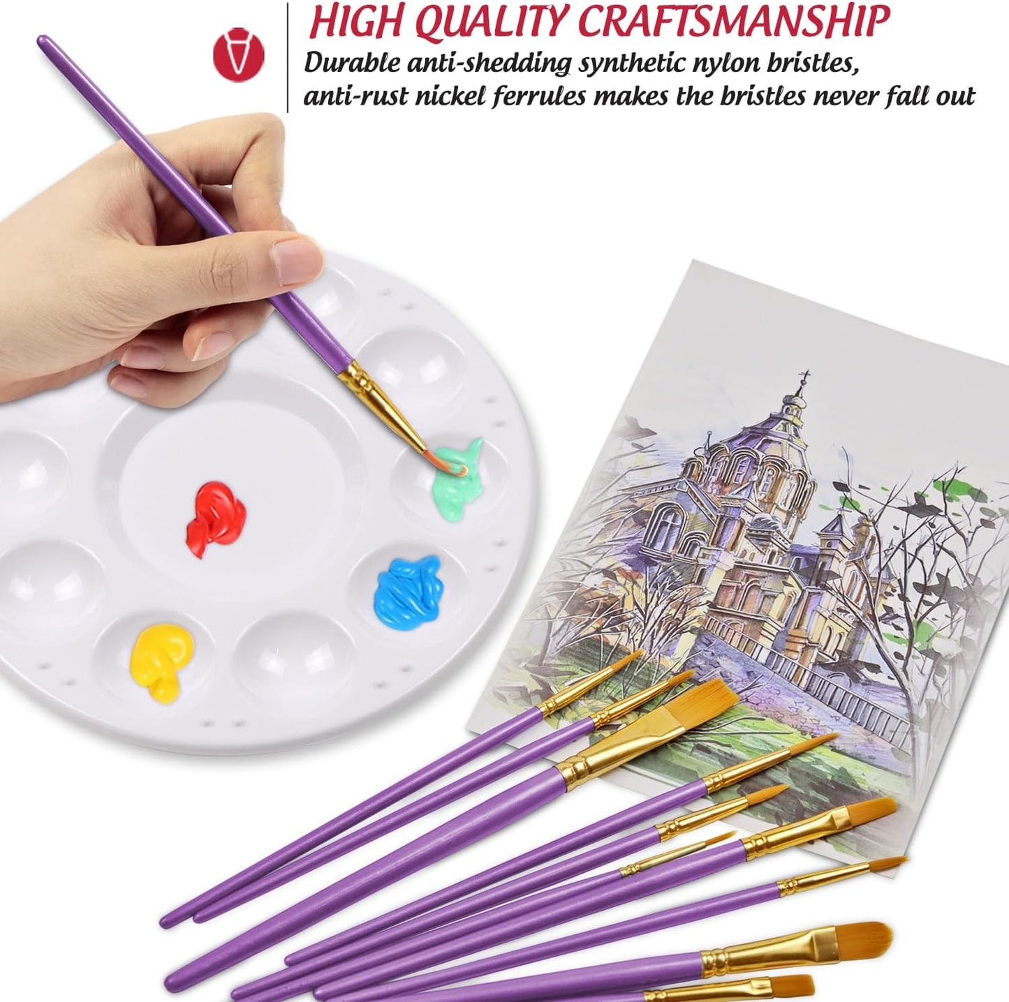 Halloween Paint Brushes Palettes Set by DUGATO, 2 Packs/20pcs Round Pointed Tip Nylon Hair Brushes with 5 Paint Trays for Acrylic Watercolor Oil Gouache Tempera and Body Painting (Purple)