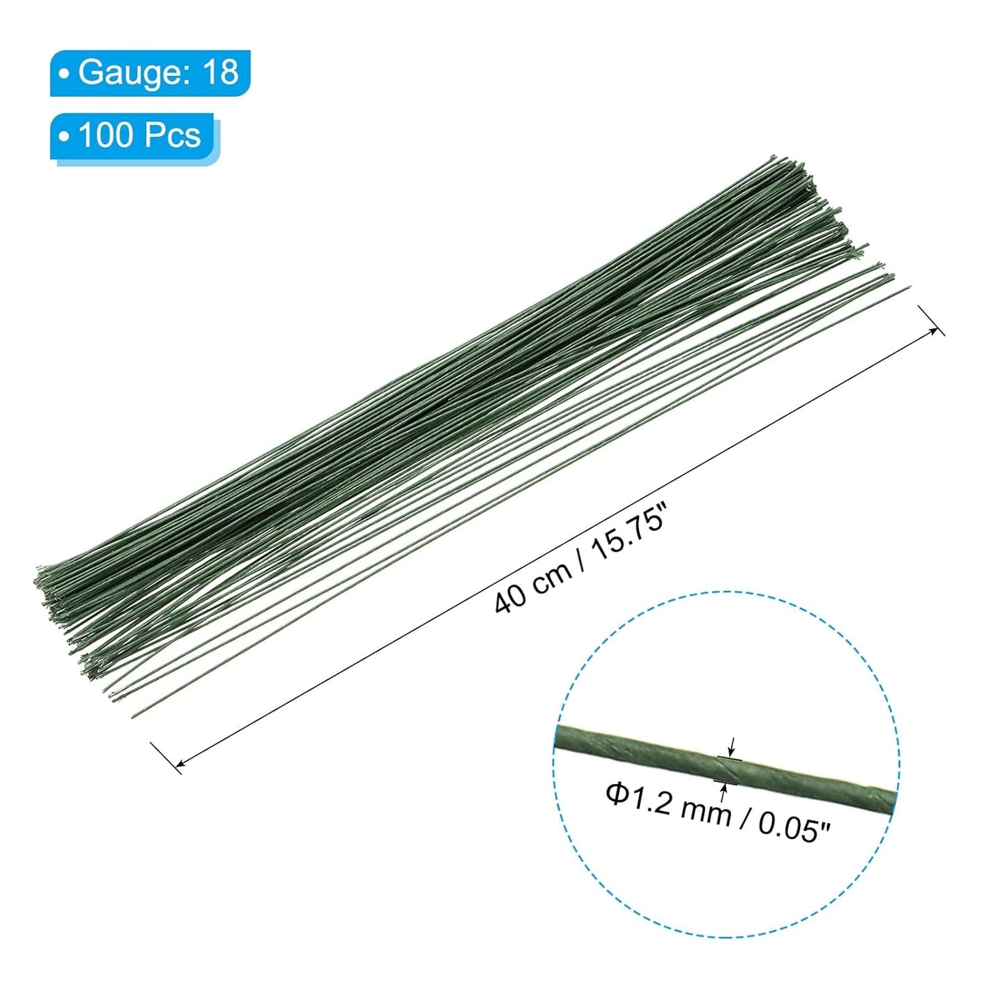 PATIKIL 18 Gauge 16" Floral Stem Wire, 100 Pcs Paper Wrapped Iron Artificial Flower Stem Accessories for DIY Bouquet Stem and Craft Decoration, Dark Green