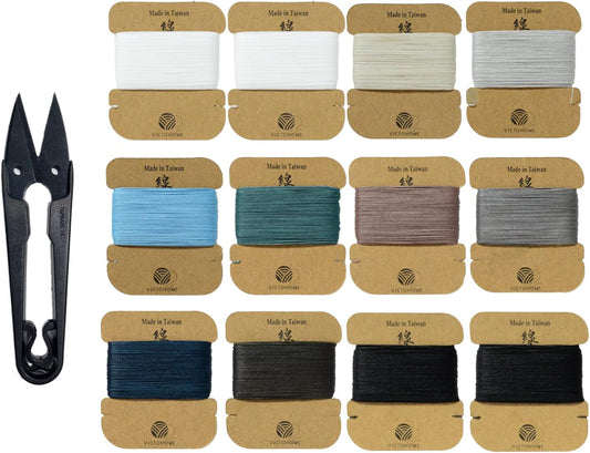 Bonded & Round Waxed Threads, 3-PLY Round Thread 12 Colors 384 Yards - Hand Sewing - All Leather Projects/Crafts/All-Purpose Threads/Macrame/Bracelet (0.45 mm, 32yd/Each)