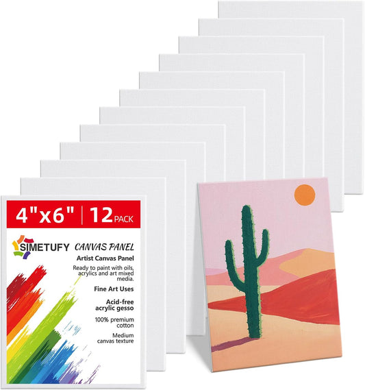 Simetufy 4 x 6 inch 12 Pack Small Painting Canvas Boards- Gesso Primed Acid-Free 100% Cotton Mini Canvas Panels for Acrylics Oil Watercolor Tempera Paints