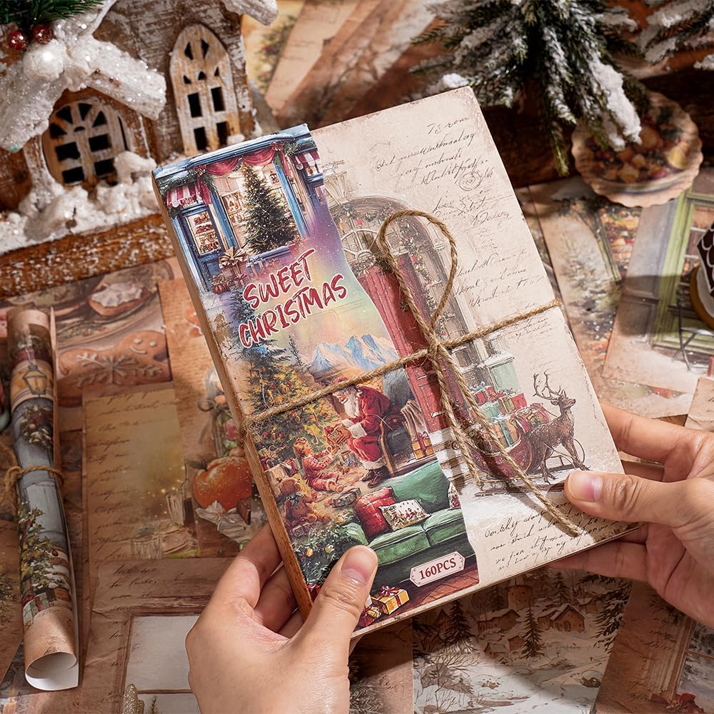 160 sheets of Christmas scrapbook paper, journaling scrapbook supplies craft collage paper set, junk journal bullet journal poster room decor for card making decorative gifts
