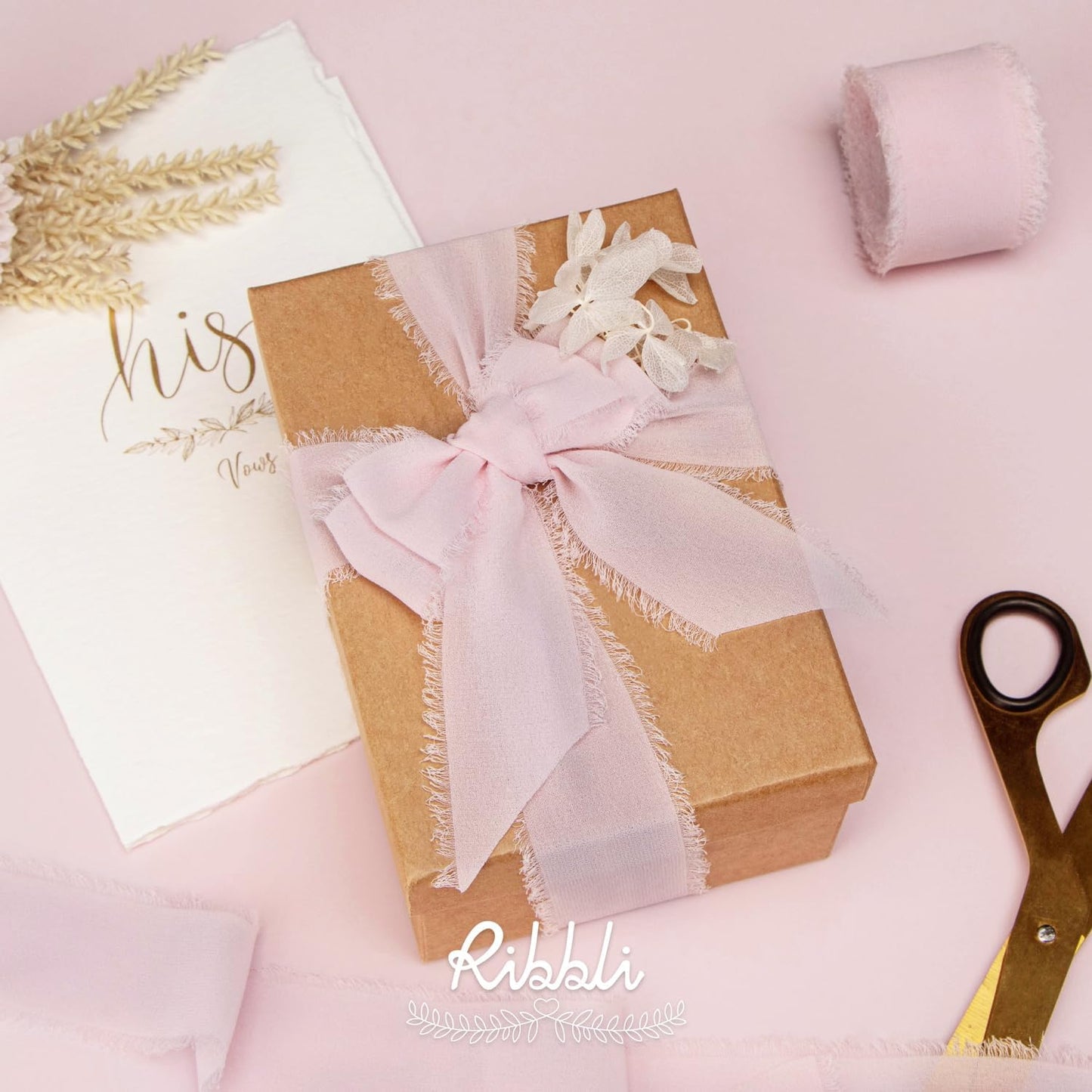 Ribbli Pale Blush Pink Chiffon Ribbon 1-1/2 inch x 20 Yard Handmade Fringe Chiffon Silk Ribbon, Pale Blush Ribbon for Wrapping, Wedding Invitations, Bridal Bouquets, Home Decor