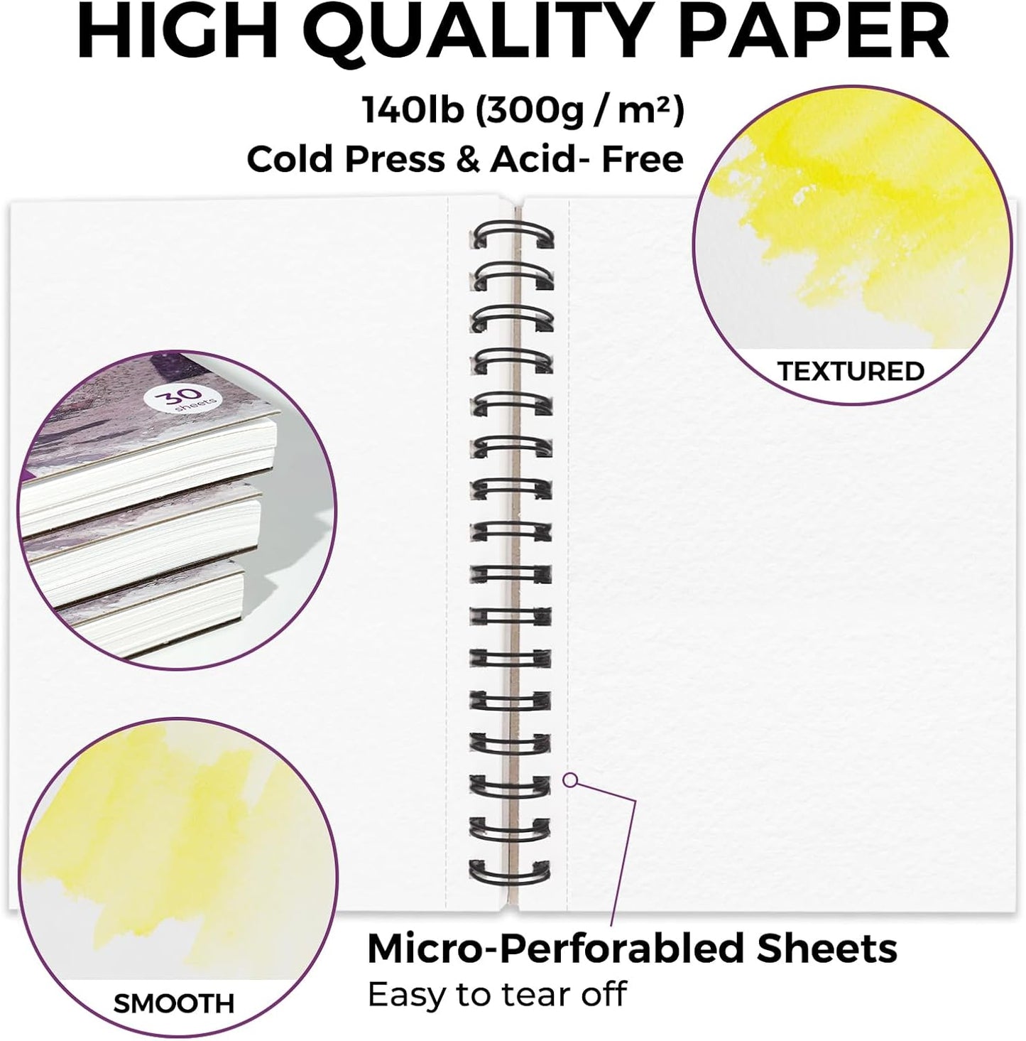 Funto Watercolor Pad 5.5x8.5, 3 Pack, 90 Sheets,140lb/300gsm, Double-Sided, Cold Press, Spiral Bound, Heavyweight Paper for Watercolor Painting