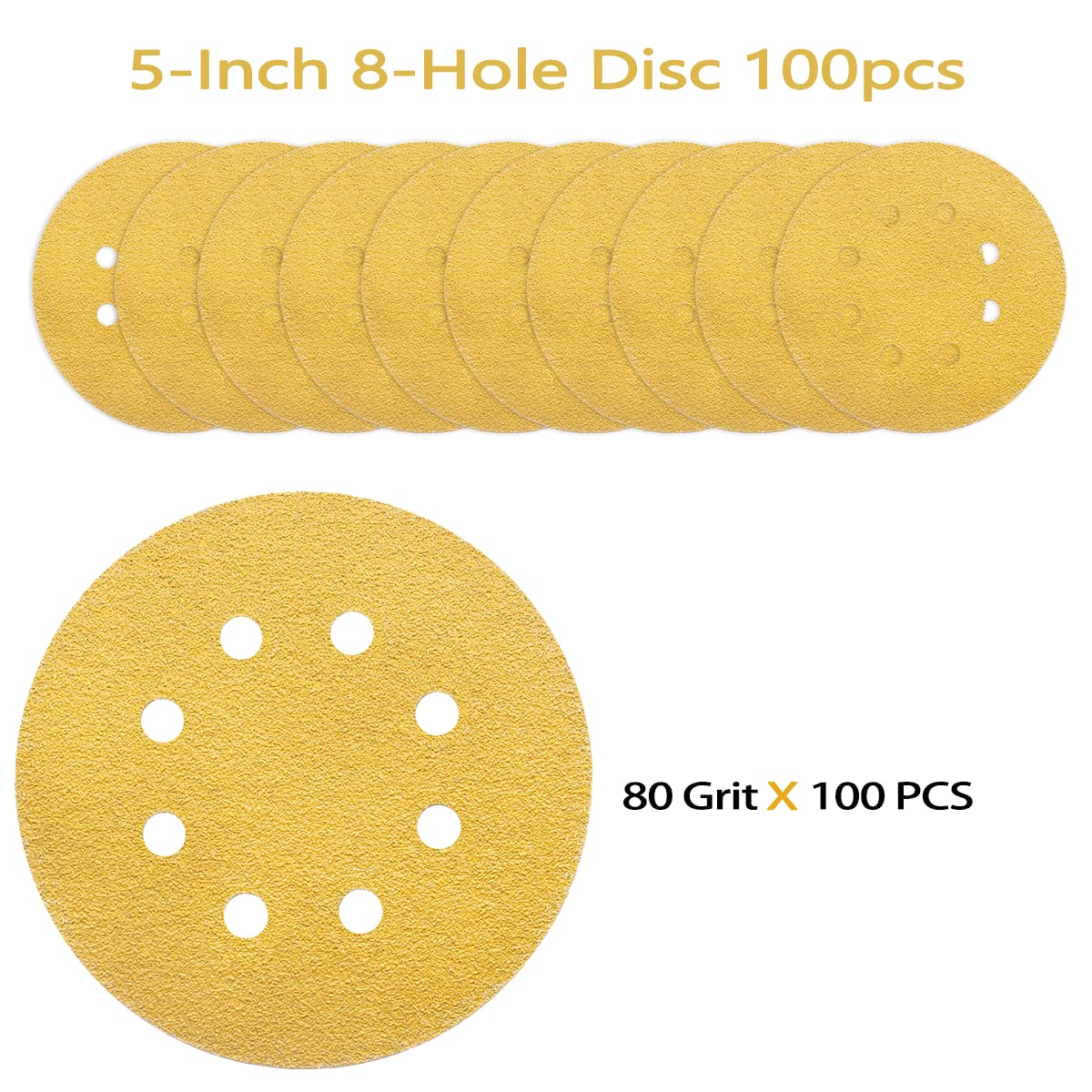 100PCS 5 Inch 8 Hole Sanding Discs 80 Grit,Gold Round Hook and Loop Sandpaper for Random Orbital Sander