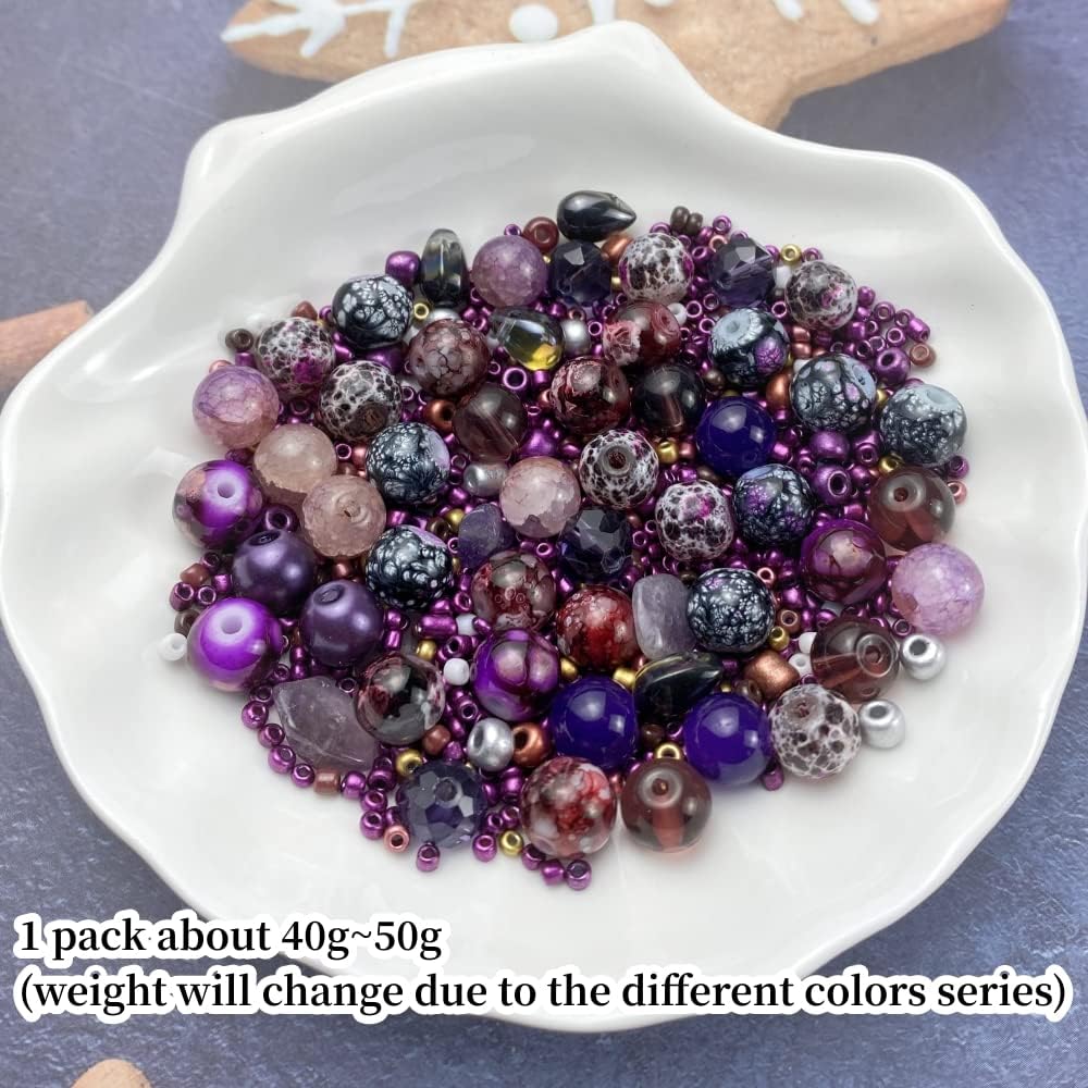 Assorted Glass Resin Beads Multi Size Colors Smooth Cracked Gravel Millet Spacer Beads for Bracelets Necklace Earring DIY Jewelry Making Craft(Deep Purple Series)