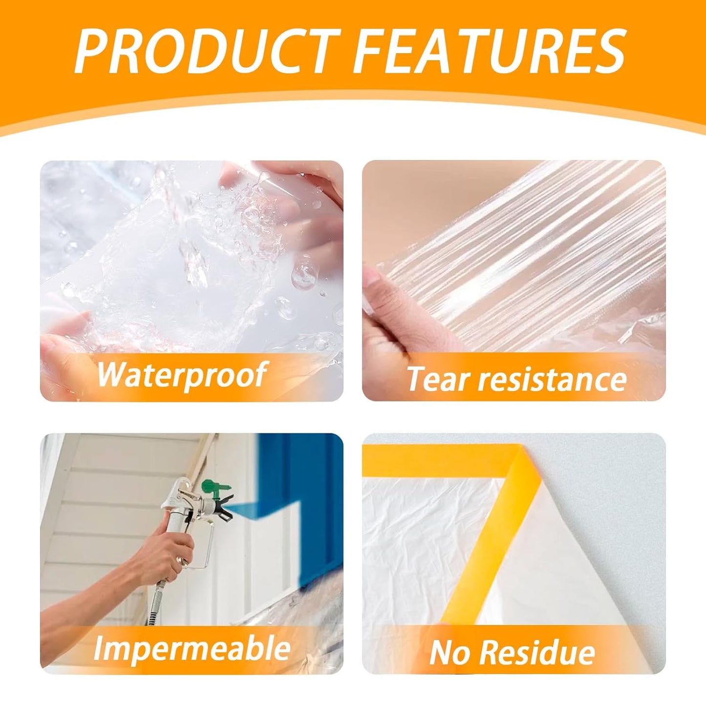 Painters Plastic with Tape 59inx65ft,Pre-Taped Masking Film Automotive Tape and Drape,Tear-Resistant Plastic Painting Film for Car Painting & Home Renovation (4 Rolls)