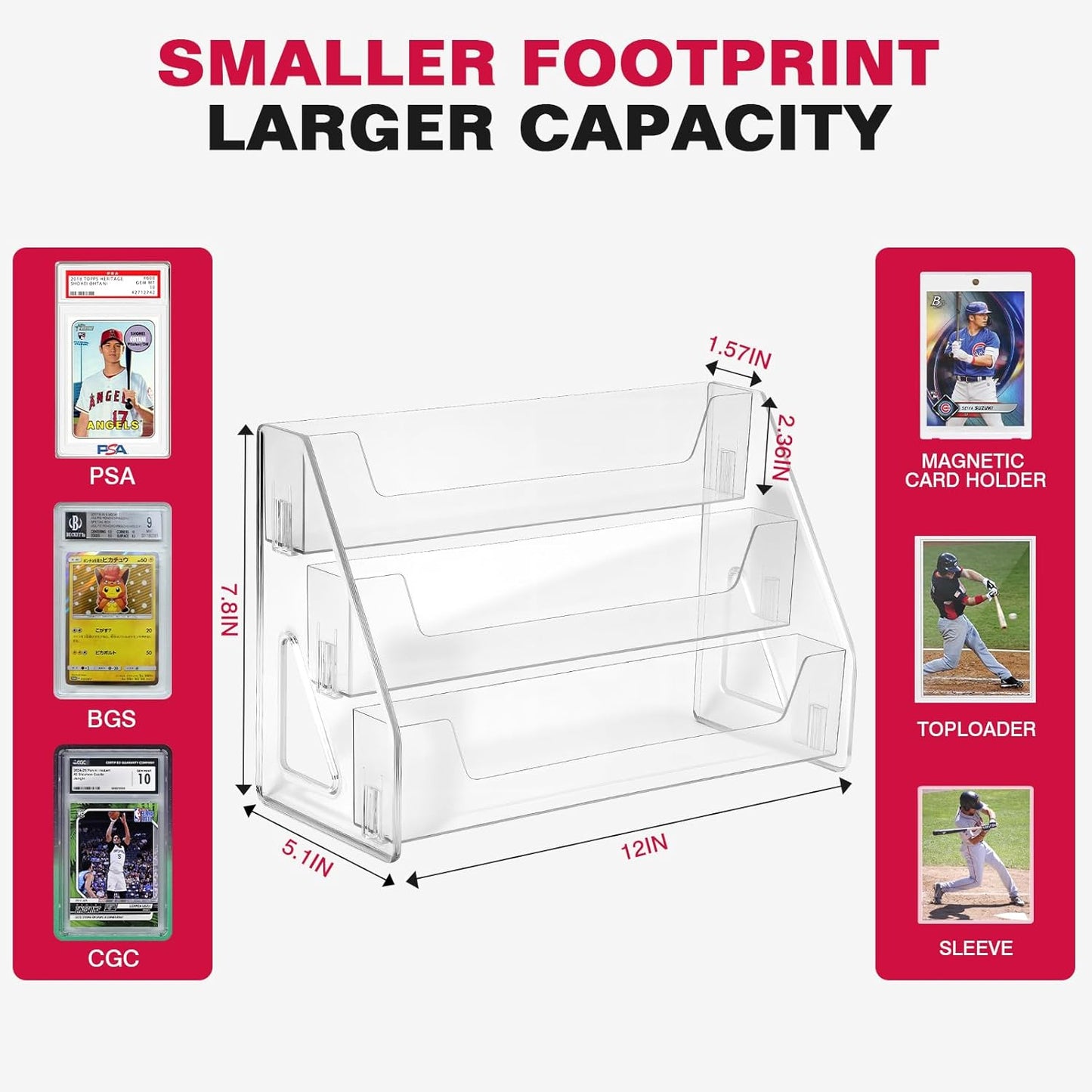 Trading Card Display Stand, Vertical Holder for Baseball Basketball Sports Graded Card Display Stand Tabletop for PSA BGS SGC Slabs, Snap-On Assembly(3 Tier, 1 Pack)