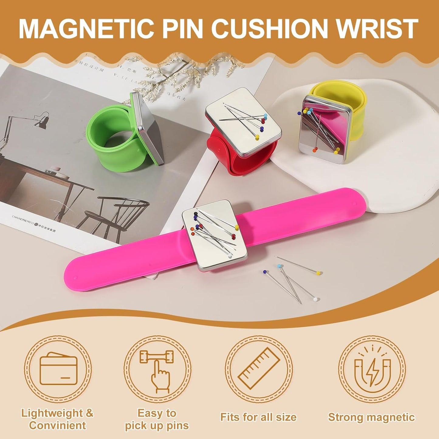 PATIKIL Magnetic Wrist Pin Cushions for Sewing, Magnetic Pin Cushion Magnetic Wrist Gel Band Holder Wristband Pincushion with Pins for Sewing Braiding Quilting Hair Clips, Yellow
