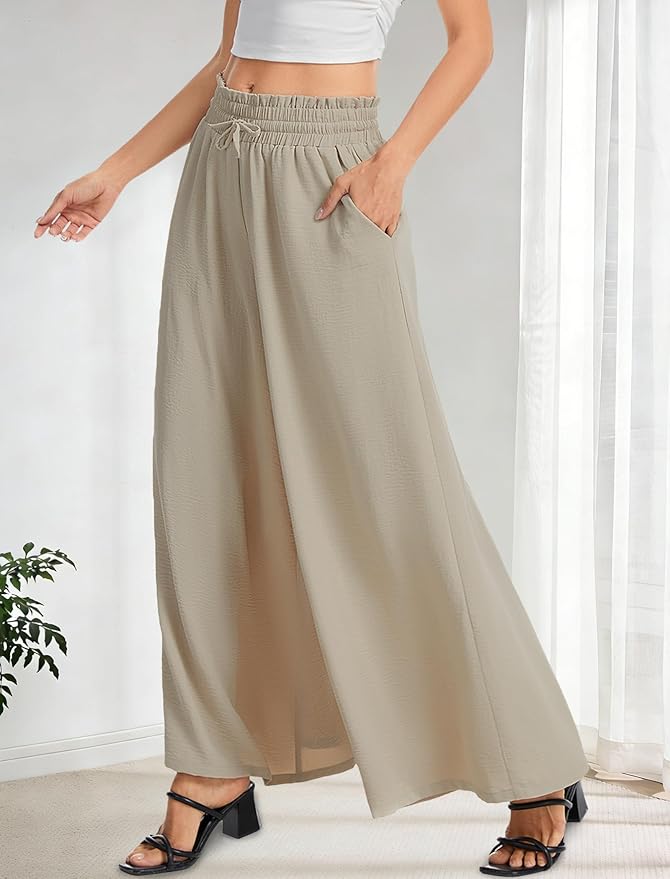 Women’s Wide Leg Pants Drawstring Elastic Waist Casual Trousers Lightweight Loose Lounge Pants with Pockets