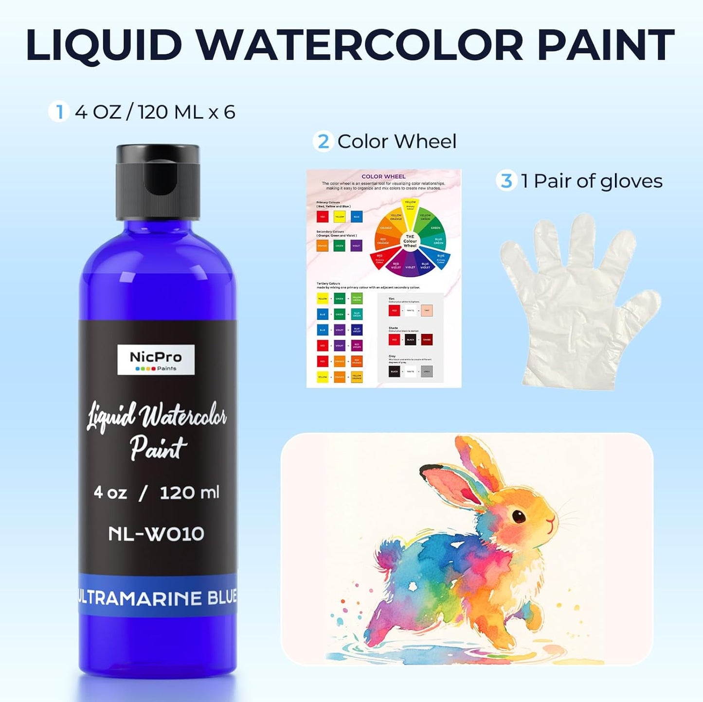 Nicpro 6 Colors Liquid Watercolor Paint Set, 4oz Liquid Watercolor Paint, Vibrant Colors & Non-Toxic Water Colors Painting Supplies for Art Activity, Craft DIY, Poster, School, Home, Classroom, Party
