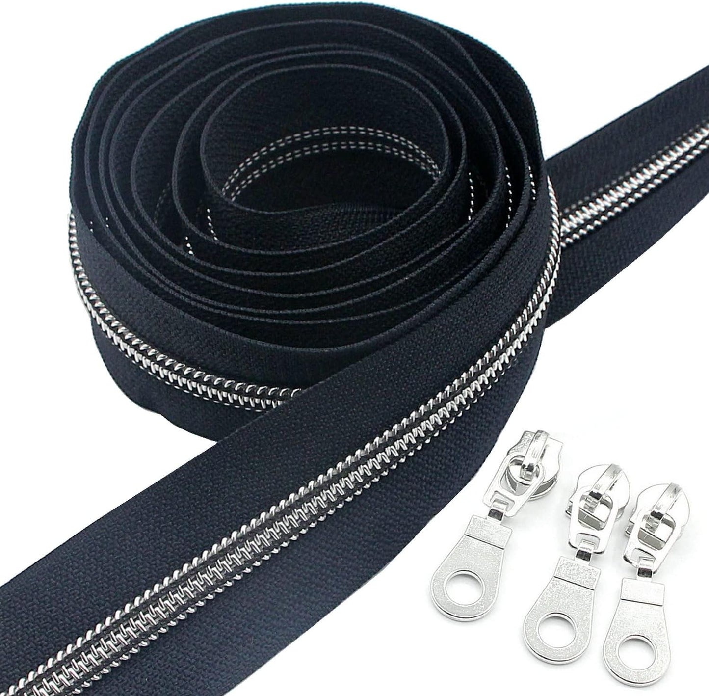 Leekayer #5 Silver Metallic Nylon Coil Zippers by The Yard Bulk 10 Yards Zipper Tape with 25pcs Silver Sliders for DIY Sewing Tailor Craft Bag (Navy Black)