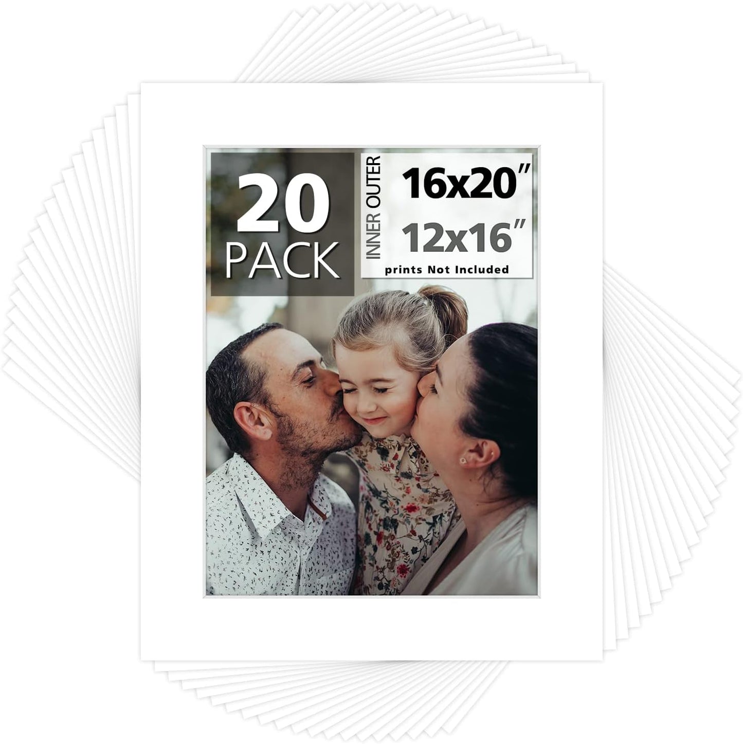 Mat Board Center, Pack of 20, 16x20 for 12x16 White Photo Picture Mats - Acid Free, 4-ply Thickness, White Core - for Pictures, Photos, Framing