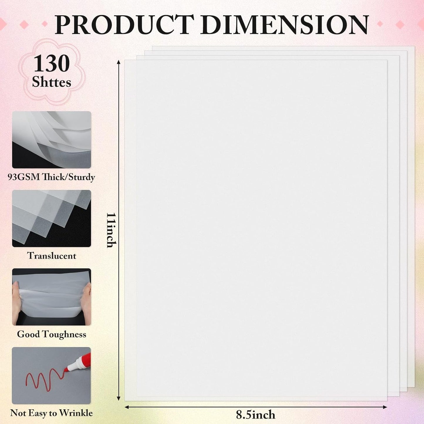 130 Pcs Vellum Translucent Paper 8.5 x 11 inches Tracing Vellum Invitation Paper for Vintage Greeting Card Overlays, Lanterns, Envelope Sketching Crafting Scrapbooking, Journaling (93gsm/63lb)