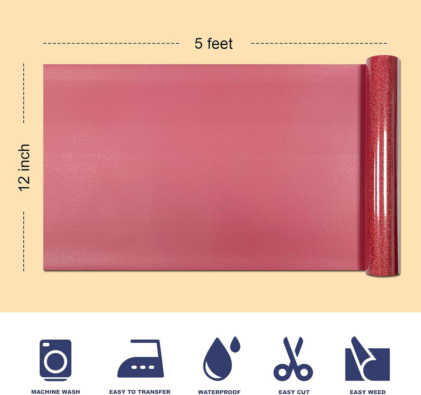 Red Glitter HTV Heat Transfer Vinyl, 12" x 5ft lron on Vinyl, for T-Shirt Ironing, Vinyl HTV Easy to Cut and Weed, The Best Choice for DIY Creativity. (red, 12" x5ft)