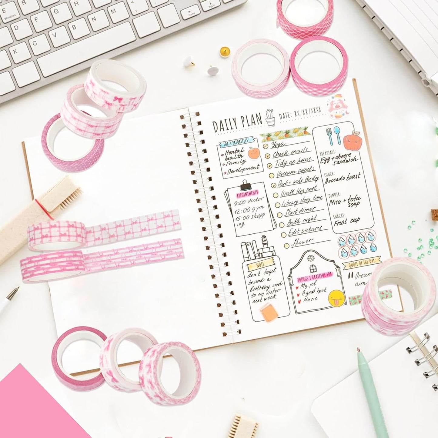 12 Rolls Pink Bow Washi Tape, Bowknot Plaid Adhesive Masking Tapes Decorative Pink Coquette Paper Tape for Scrapbook Journal Planners DIY Art Crafts Gift Wrapping 16.4FT