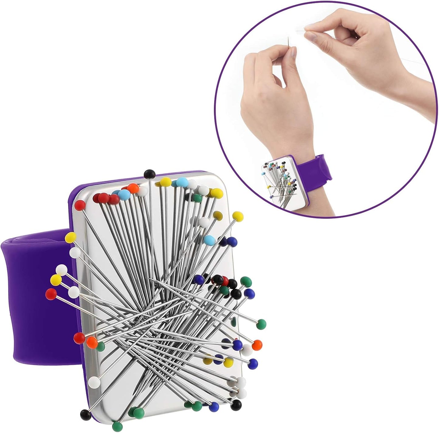 Magnetic Wrist Sewing Pincushion with 100 Pieces 1.5 Inch Ball Head Sewing Pins Set Wrist Magnetic Pin Holder Gift Supplies(Purple)