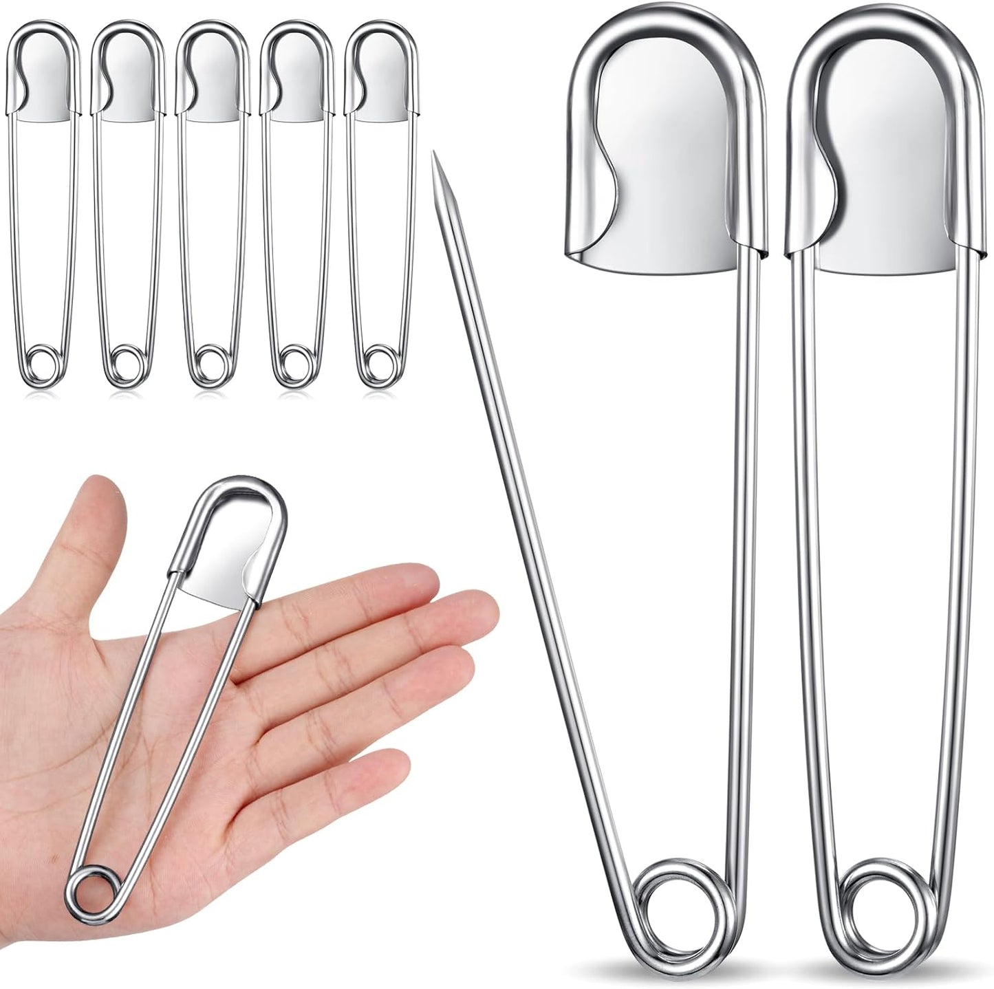 Juexica 5 Pcs 5 Inch Jumbo Stainless Steel Safety Pins Large Heavy Duty Huge Strong Laundry Pins for Upholstery Sewing Quilting Key Rings Craft Outdoor (Silver)