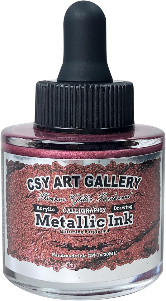 CSY Art Gallery Glitter Acrylic Liquid Ink-Metallic Spray Paint -Metal Calligraphy Inks -Craft Paint for Terracotta,Model Car,Leather,Painting,Wood (Glittering Purple Red)