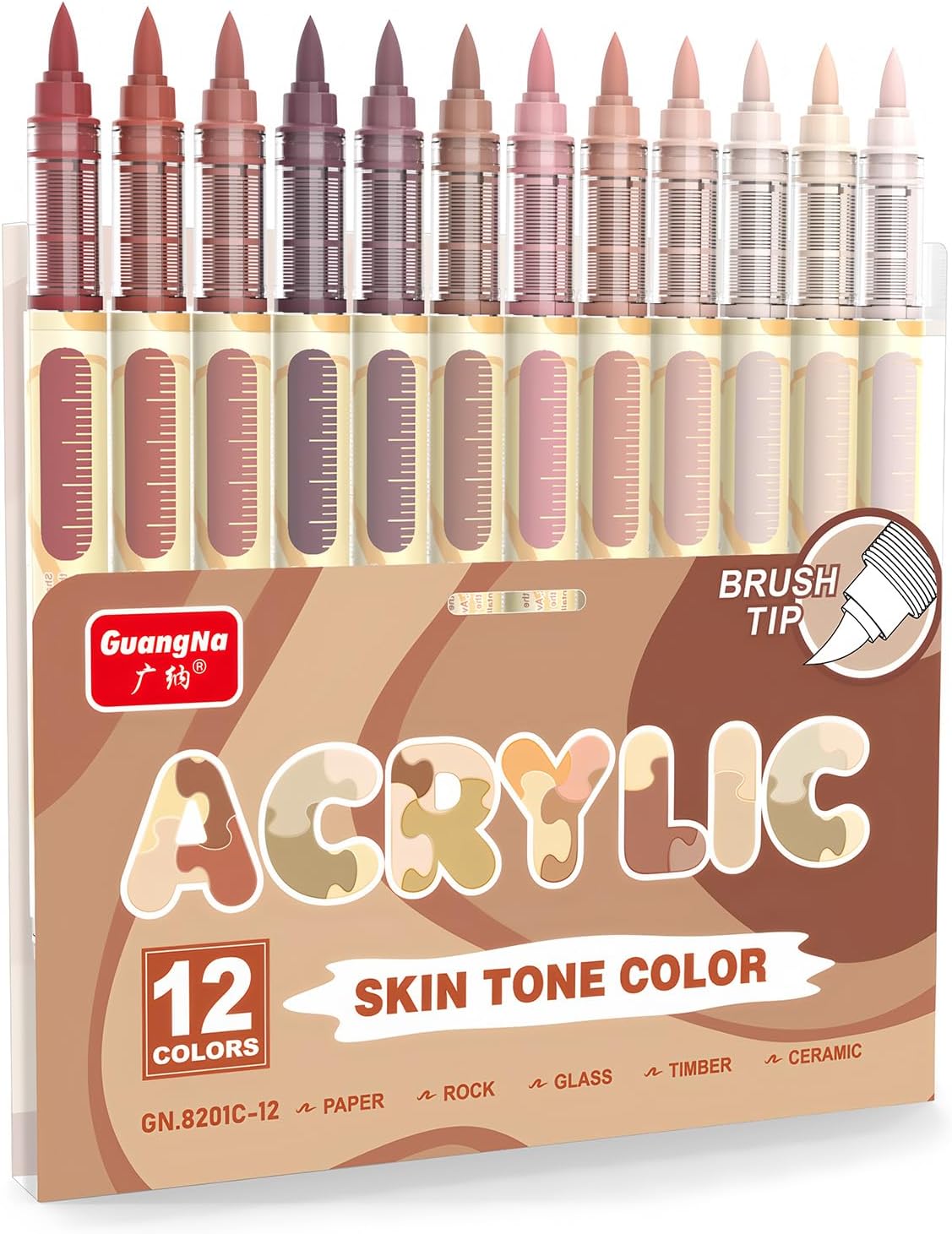 Guangna 12 Red Brown Series Acrylic Paint Markers Set, Brush Tip Acrylic Paint Pens for Rock Painting, Wood, Glass, Paper, Coloring Book, Ceramic, Canvas, DIY Crafts, Water-Based Ink