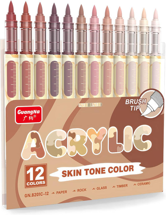 Guangna 12 Red Brown Series Acrylic Paint Markers Set, Brush Tip Acrylic Paint Pens for Rock Painting, Wood, Glass, Paper, Coloring Book, Ceramic, Canvas, DIY Crafts, Water-Based Ink