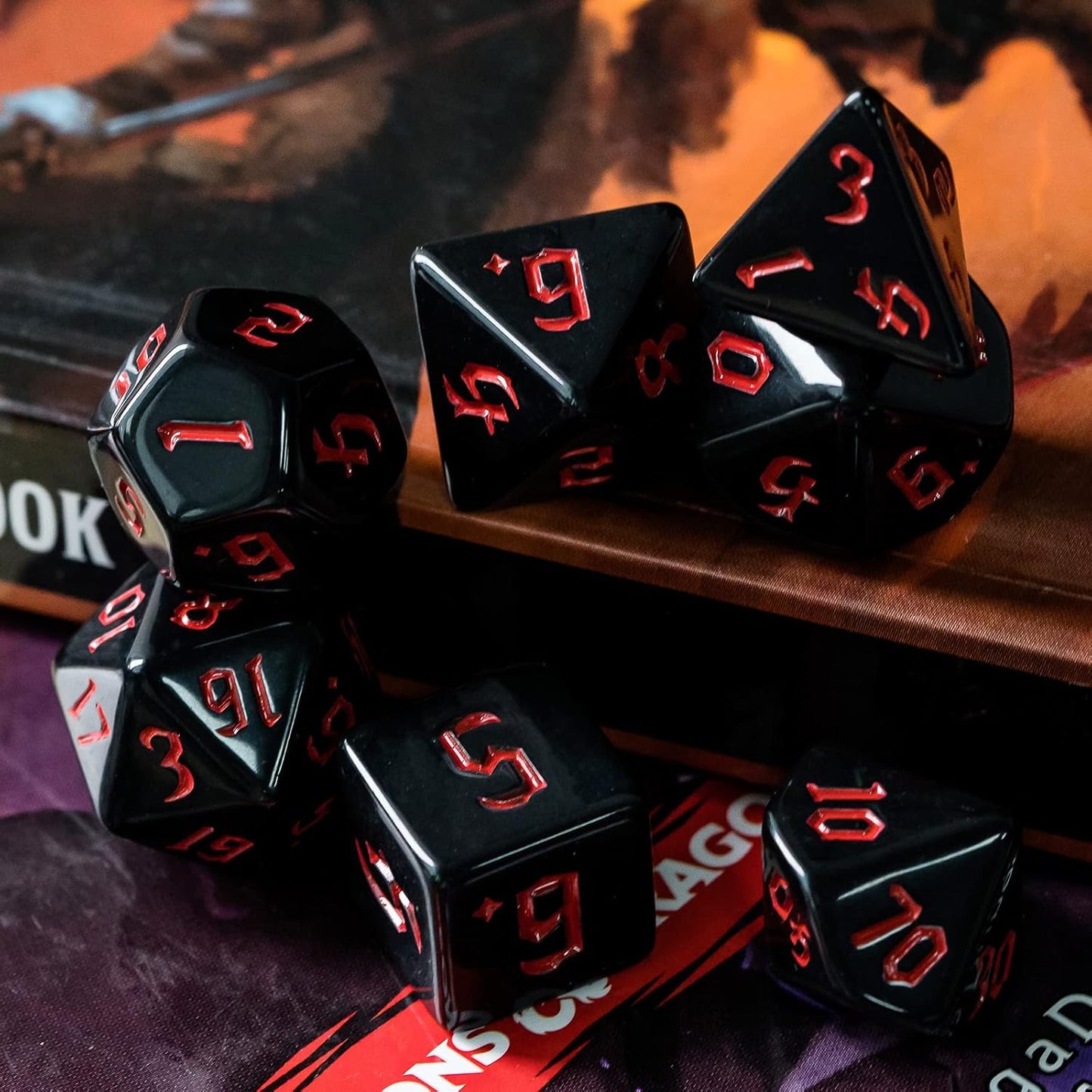 7-Die Polyhedral DND Dice Set, Black D&D Dice with Leather Pouch for Role Playing Games, Black with Red Number, D4 D6 D8 D10 D12 D20 D%