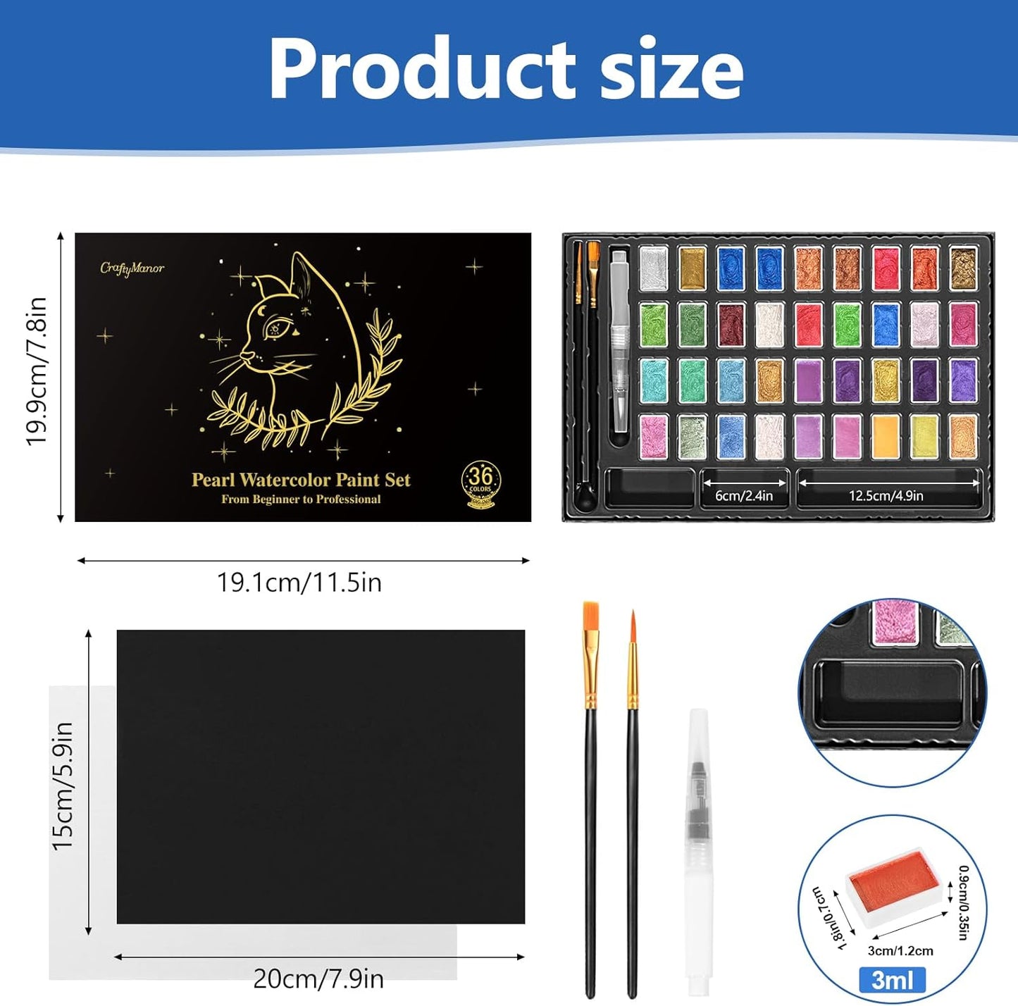 Mini Glitter Watercolor Paint Set with Paper, 36 Colors Shimmer Metallic Watercolour Painting Sets, Solid Pearl Water Color Paints for Adult, Kids, 1ml Trial Package(3ml 36 Colors)