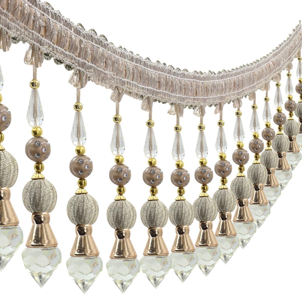 3yards Beading Fringe Trimming Long Beads Tassel Curtain Trim Ribbon Trim for Cover Edge Decorative (beige)