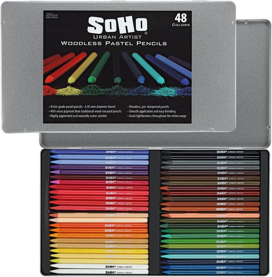 Soho Urban Artist Woodless Pastel Pencils - Set of 48, Professional Artist-Grade, 40% More Pastel, Water-Soluble, Pre-Sharpened, Easy Blending, 6.93mm Barrel, Clear Lacquered