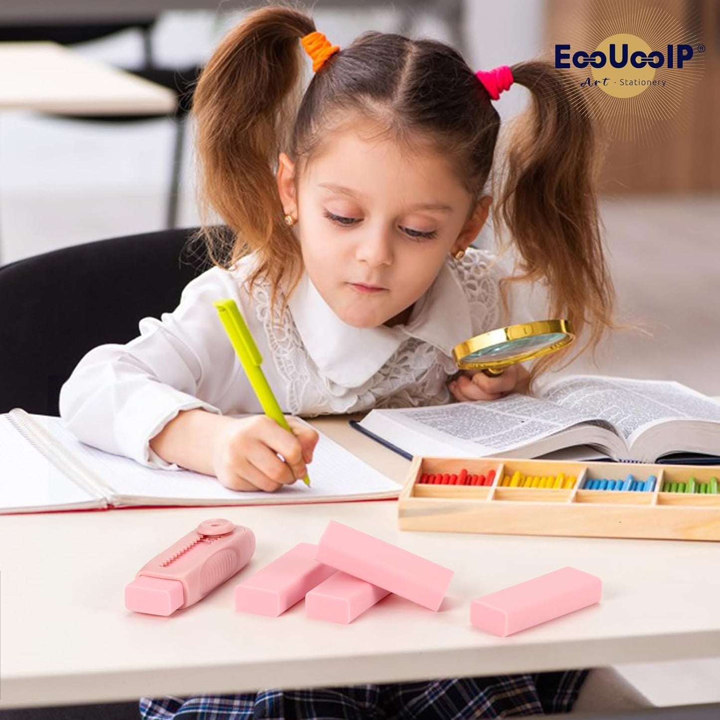 EooUooIP 4+1 Pack Rubber Pink Erasers Sliding Retractable Eraser, Large Pink Erasers, Soft Cute Eraser, Large Pencil Eraser for School Office Art Drawing Pencil Eraser for Kids