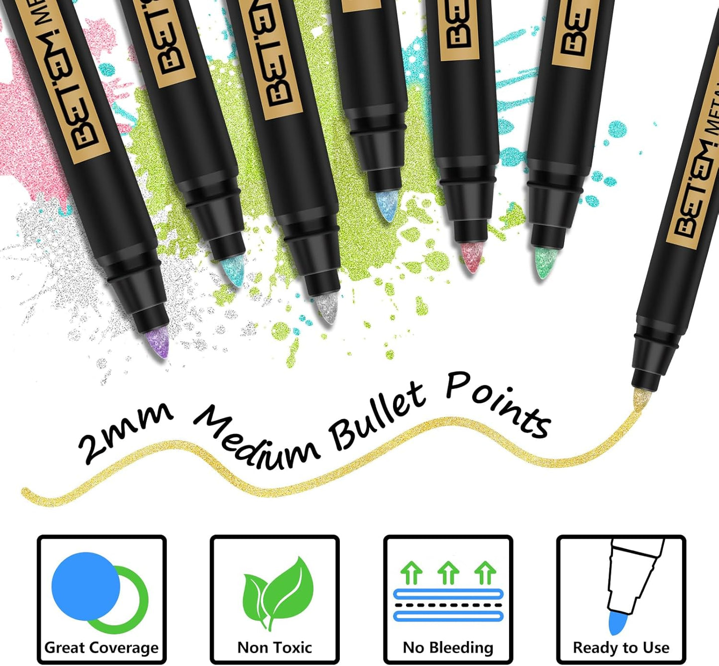 Betem Metallic Paint Markers, 10 Colors Acrylic Paint Metallic Markers for Black Paper, 2mm Medium Tips Glitter Pens Scrapbooking Supplies, Pumpkin Painting Kit for Rock Painting, Cards, Photo Albums