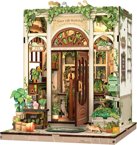 Fsolis Book Nook Kit, 3D Wooden Puzzles for Adults, 196 pcs, DIY Miniature Puzzle Room Kit Tiny House Bookshelf Decor Gifts for Women Teenagers Book Lovers (Green Life's Bookshop)