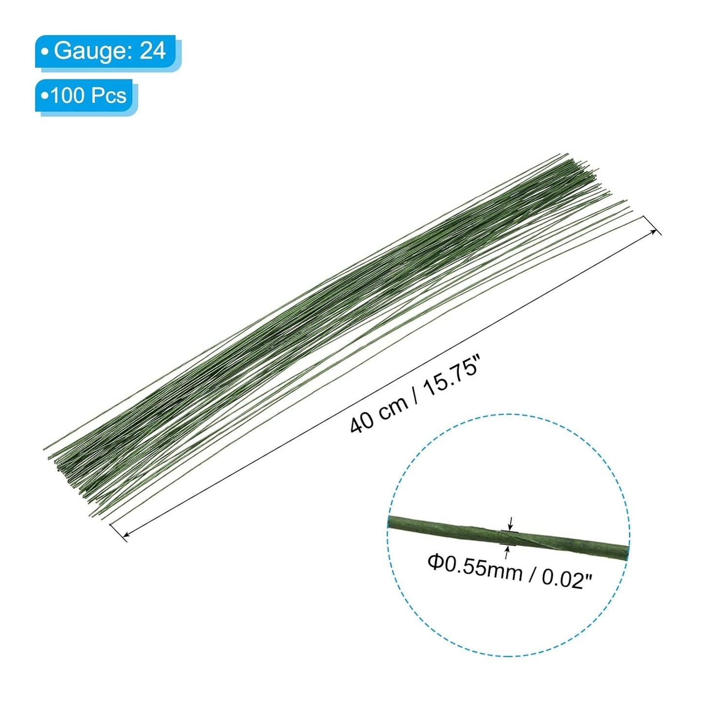 PATIKIL 24 Gauge 16" Floral Stem Wire, 100 Pcs Paper Wrapped Iron Artificial Flower Stem Accessories for DIY Bouquet Stem and Craft Decoration, Dark Green