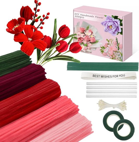 500 Pcs Pipe Cleaners Craft，5 Colors Pipe Cleaners Bulk,Chenille Stems Flowers Craft kit for DIY Handmade Bouquet Wrapping Party Decorations whit Ribbons，Stems,Tape，Stamens, Glue Sticks (Red)