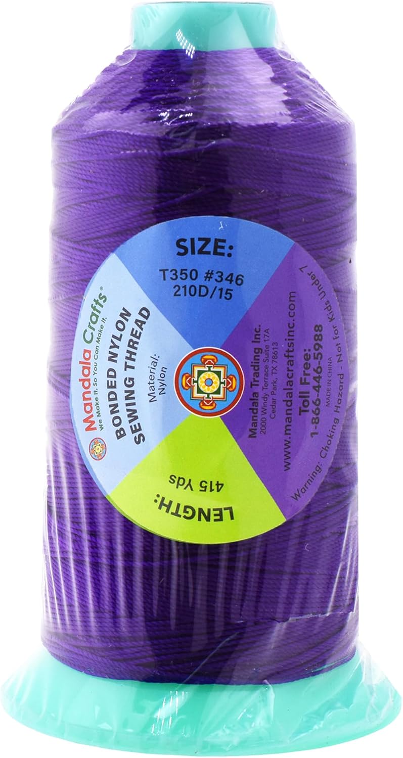 Mandala Crafts Bonded Nylon Thread True Purple Heavy Duty Sewing Threads - 415 YDs Size 346 210D T350 Tex 350 Thread for Leather Jeans Weaving Outdoor Marine Upholstery Threads