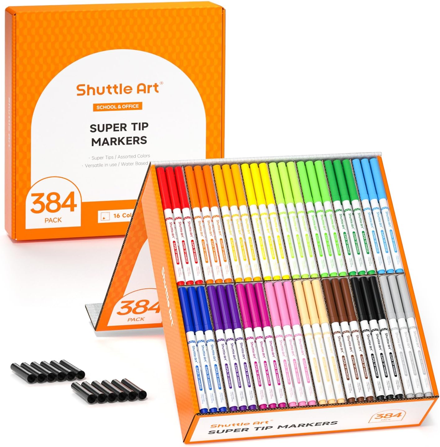 Shuttle Art 384 Pack Washable Super Tips Markers, 16 Assorted Colors Conical Tip Large Markers Bulk with a Box, Bonus Caps, Home Classroom School Supplies for Toddlers Kids Adults Students Teachers