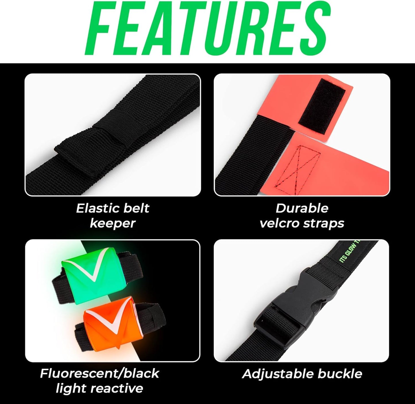 Glow in the Dark Flag Football Belts (Set of 6 with Storage Bag)- Premium Flags for Day or Night- Adjustable Belt Set for Yard Games, Football Party, Glow Party, Camping, Beach Games, Team Building