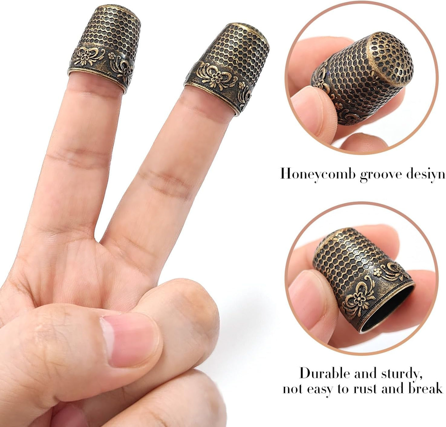FR 4Pcs Sewing Thimbles, Metal Thimbles for Hand Sewing Finger Protector Knitting Needlework DIY Tools Bronze