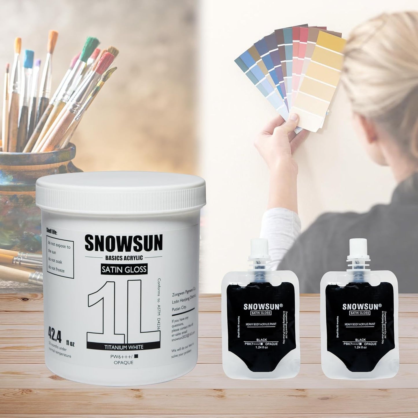 SNOWSUN Large Bulk Acrylic Paint, Titanium White Acrylic Paint 1L /42.4 oz, and 25ml*2 Pouch Charcoal Black, Gloss Non-Toxic Heavy Body Paints, Thick Art Paints for Multi-Surface Canvas Wood Ceramic Fabric Wall- Ideal for Artists & Beginners