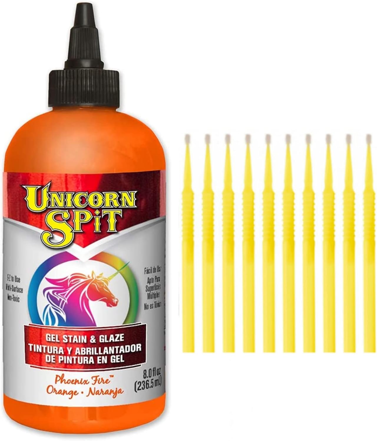 Unicorn SPiT Gel Stain and Glaze in One - Phoenix Fire 8 oz. Bottle Detail Sticks (Phoenix Fire, 8 oz)