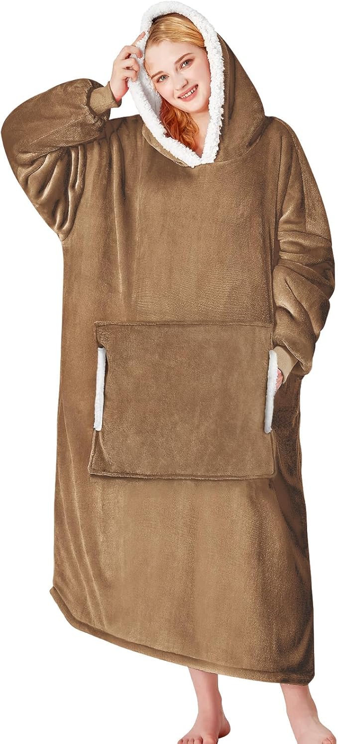 yescool Wearable Blanket Hoodie, Flannel Sherpa Fleece Blanket Sweatshirt for Adults Women Men,One Size Fits All