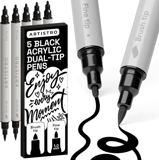 ARTISTRO 5 Black Dual Tip Brush + Fine Acrylic Paint Markers - Easy for All Ages & Levels Paint Pens for Fabric, Rock, Glass, DIY - Halloween Pumpkin Painting Kit, Art Supplies, Christmas Gift