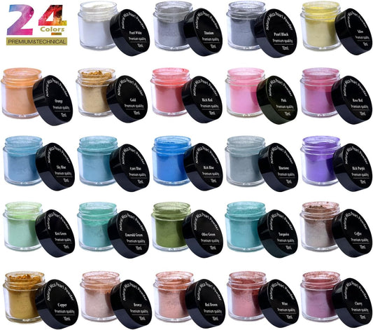 Mica Powder for Lip Gloss, Nails, Epoxy Resin, Soap Making, Bath Bombs, Art Crafts, 24 Colors, 10ml (0.11oz) Each, Neat Jar Set