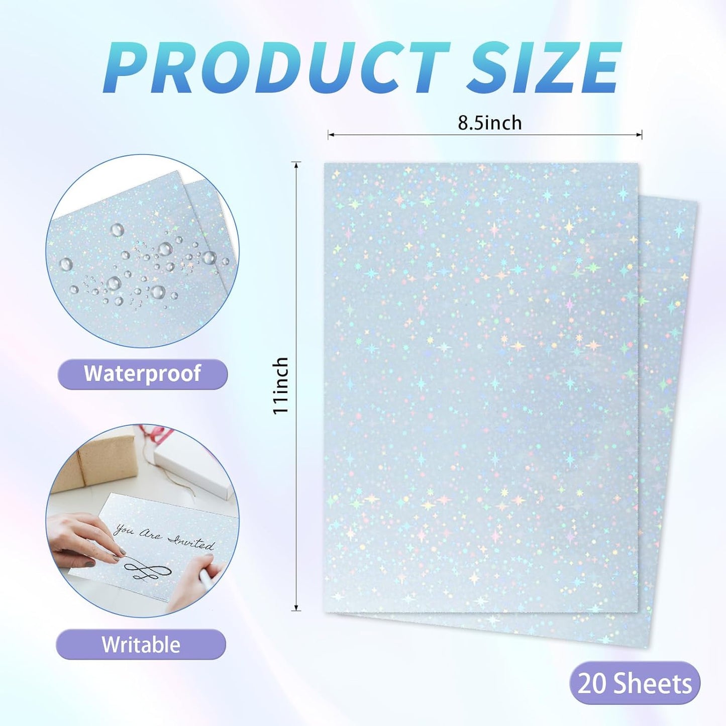 20 Sheets Printable Holographic Sticker Paper,11 x 8.5 Inches Printable Waterproof Paper Rainbow Vinyl Sticker Paper for Inkjet or Laser Printer（Laser starry sky）