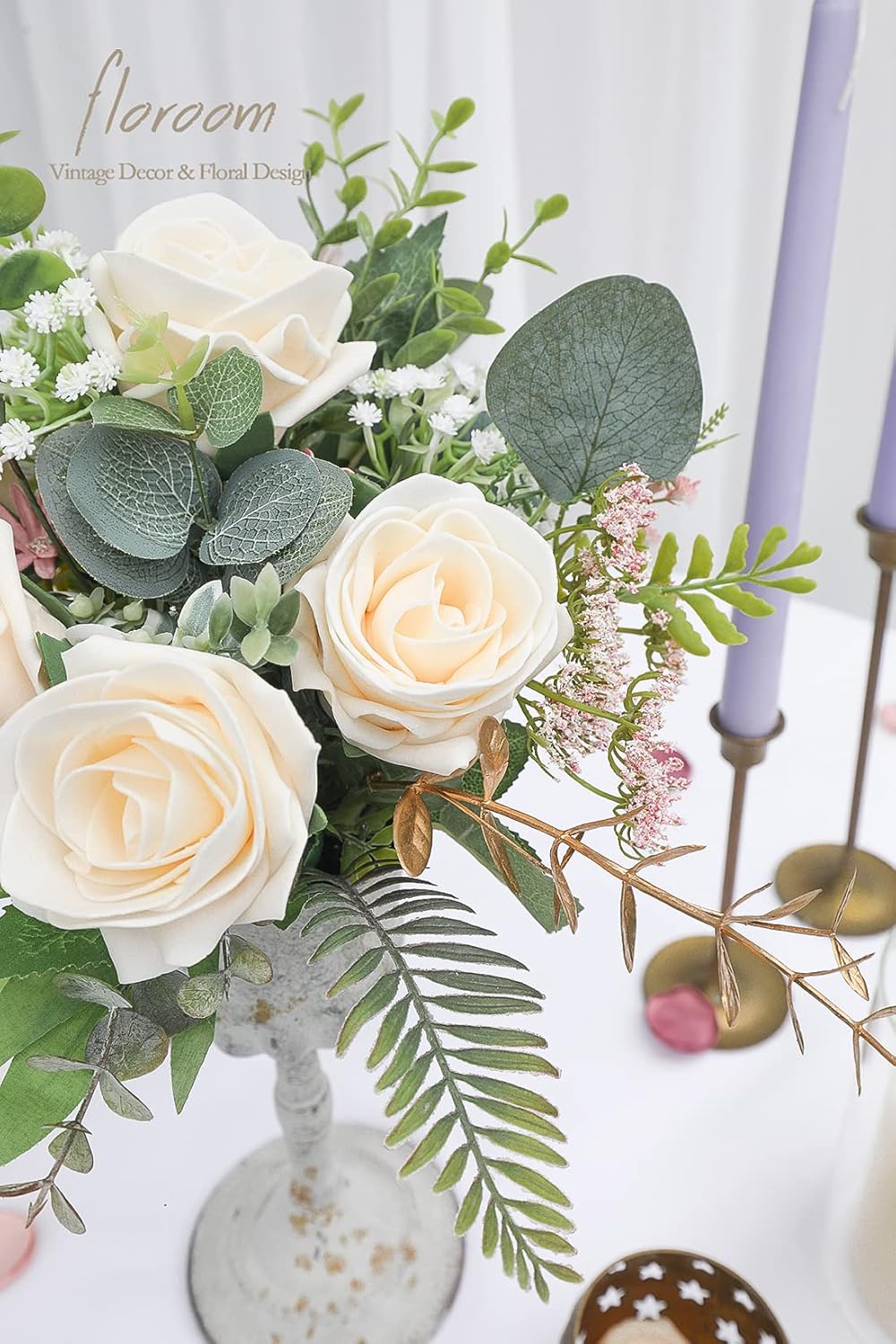 Floroom Artificial Flowers 20pcs Real Looking Cream High-Centered Foam Fake Roses with Stem for DIY Wedding Bouquets Bridal Shower Centerpieces Floral Arrangements Party Tables Home Decorations