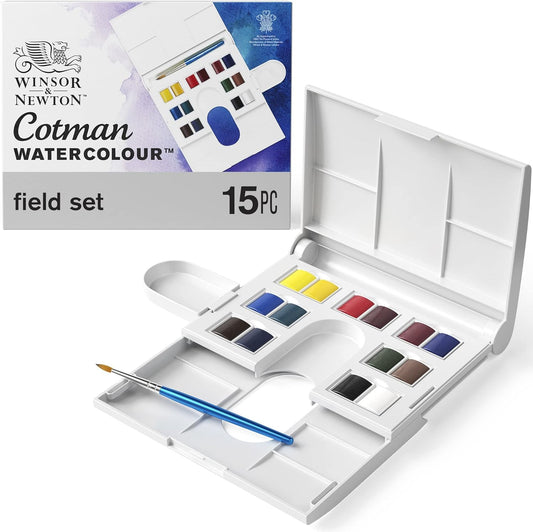 Winsor & Newton Cotman Watercolor Paint Set, Field Set, 14 Half Pan w/ Brush, Mixing Palette