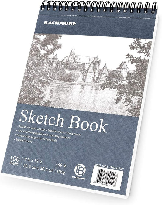 Bachmore Sketchpad 9X12 Inch (68lb/100g), 100 Sheets of TOP Spiral Bound Sketch Book for Artist Pro & Amateurs | Marker Art, Colored Pencil, Charcoal for Sketching