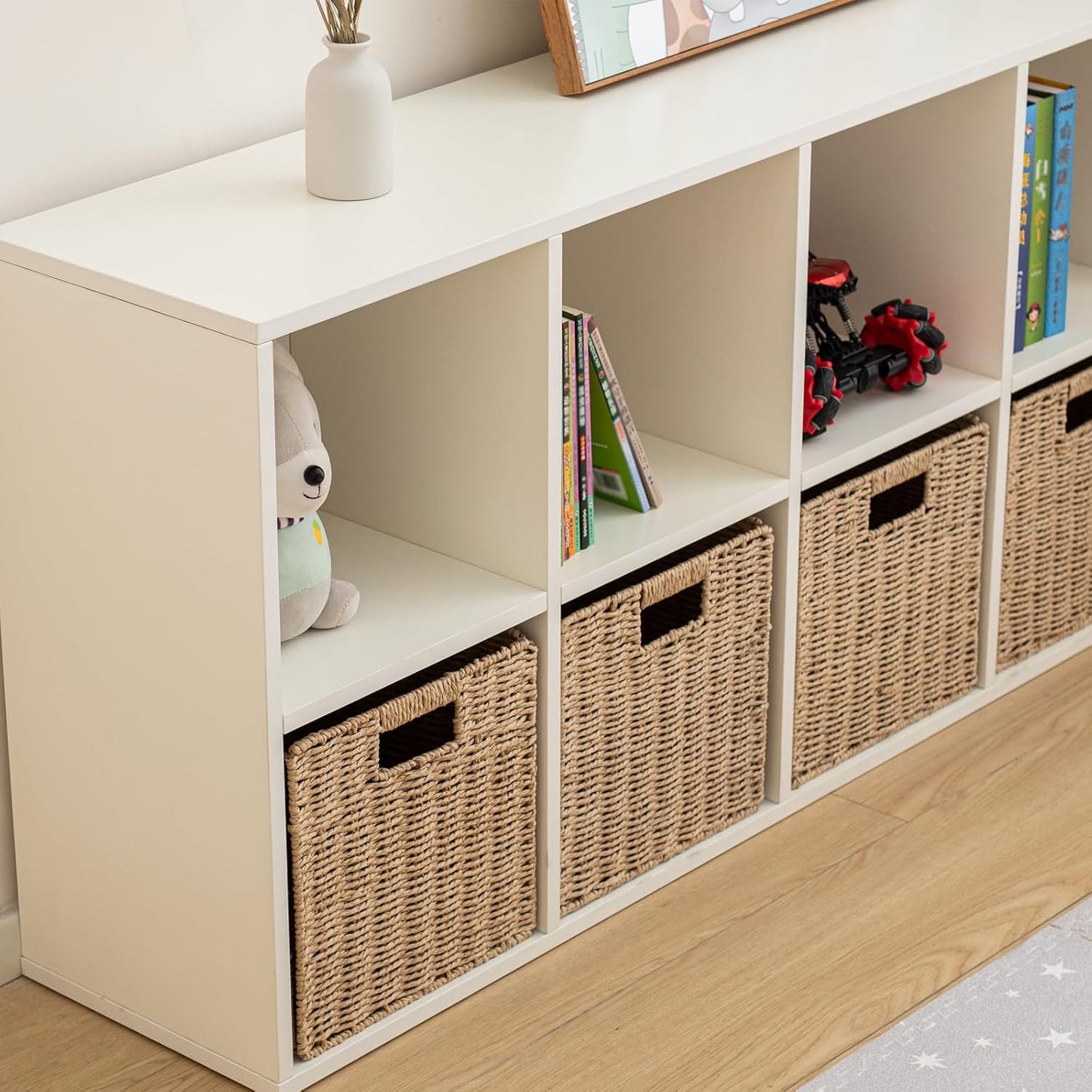 Wood 8-Compartment Storage Cabinet 8-Cube Storage Cabinet Organizer Wooden Cubby Bookshelf White 2 tier Open Cabinet Qquare Cubby Shelf for Home Office Living Room (8-Cube, 11 in Shelf Opening)