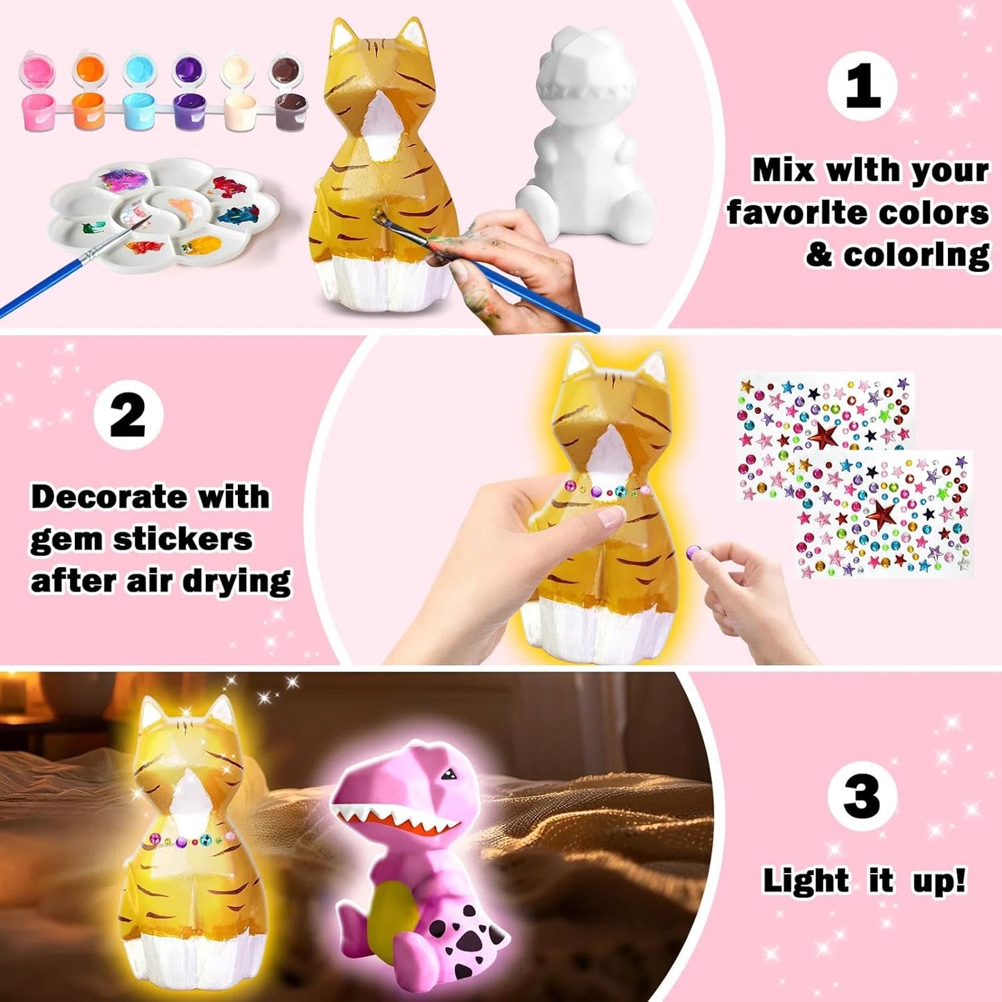 FUNZBO 2Pcs Paint Your Own Dinosaur & Cat Lamp - Halloweens Arts and Crafts Supplies Painting Kits for Kids Teen, DIY Night Light Toy for Toddler Girl Boy Age 3 4 5 6 7 8 9 10 11 12 13 + Birthday Gift